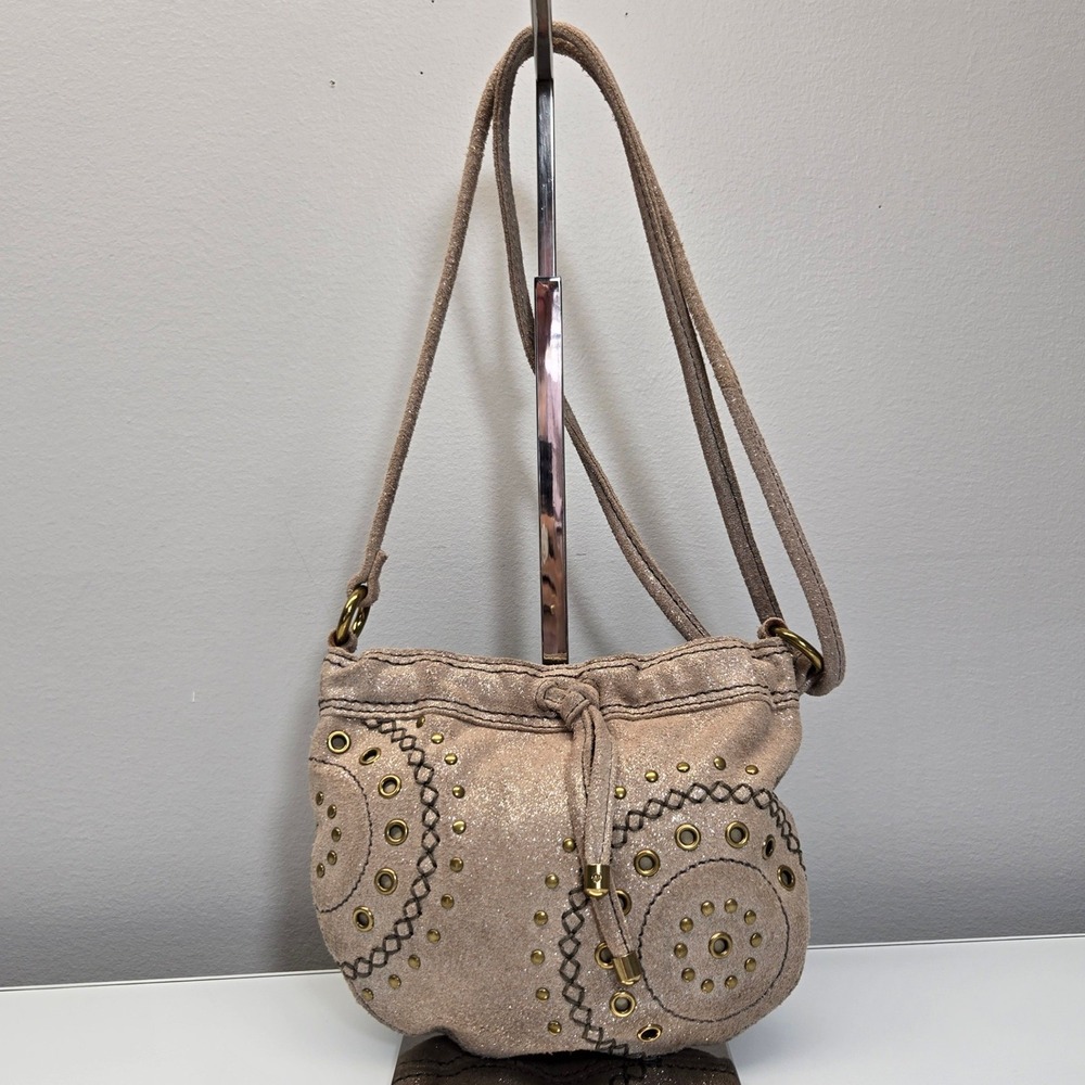 Fossil Small Leather Crossbody Bucket Bag Metallic Shimmer Suede Studded Western